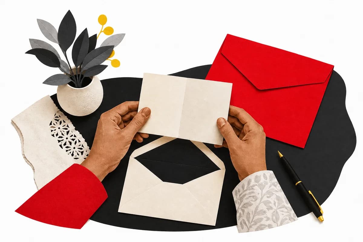 Illustration of hands preparing a folded ballot and envelopes at a desk.