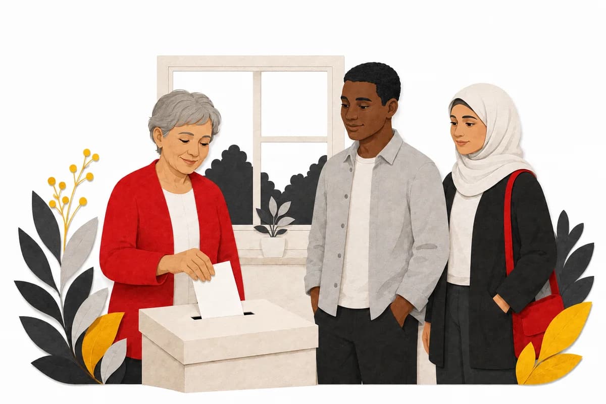 Illustration of neighbours casting a folded ballot at a polling place.